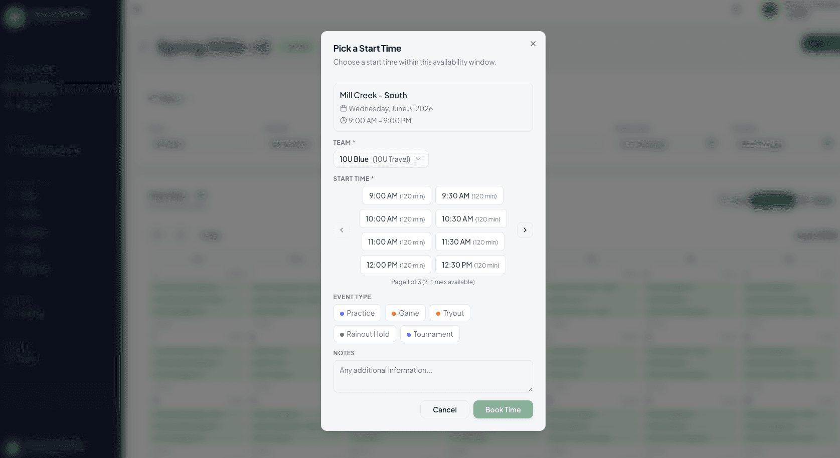 Booking dialog showing available time slots for a venue