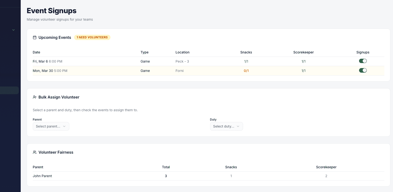 Volunteer signup dashboard showing event duties, bulk assignment, and fairness tracking