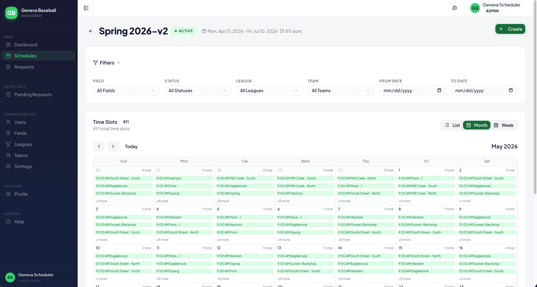 Schedule management view showing a month of time slots across multiple venues